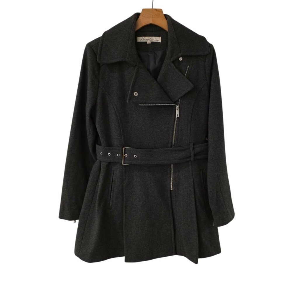 Kenneth Cole Wool Peacoat Asymmetric Belted Zippered Moto Jacket Gray Medium